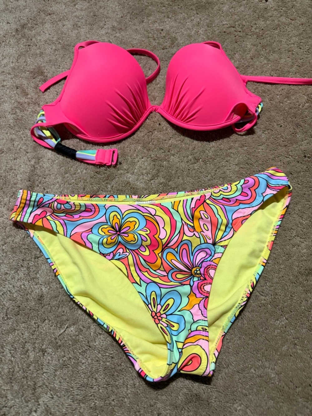 Victoria's Secret Neon Pink Push-Up Bikini Top with Multicolor Floral Bottom